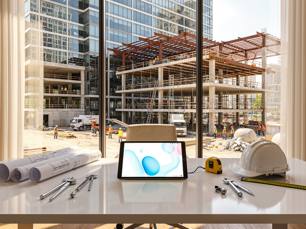 Oficina de arquitectura con planos, casco y tableta frente a obra de construcción de edificio moderno