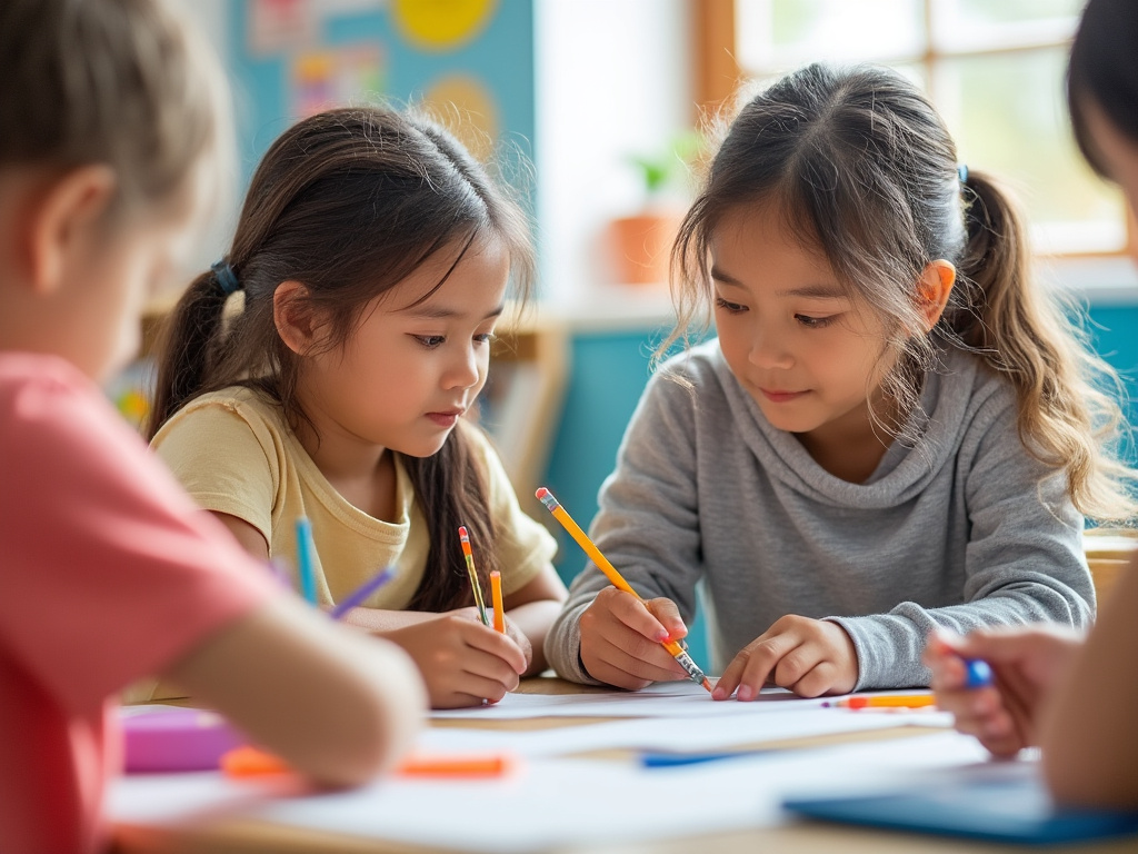 Two young girls engaged in drawing with colored pencils at a classroom table.