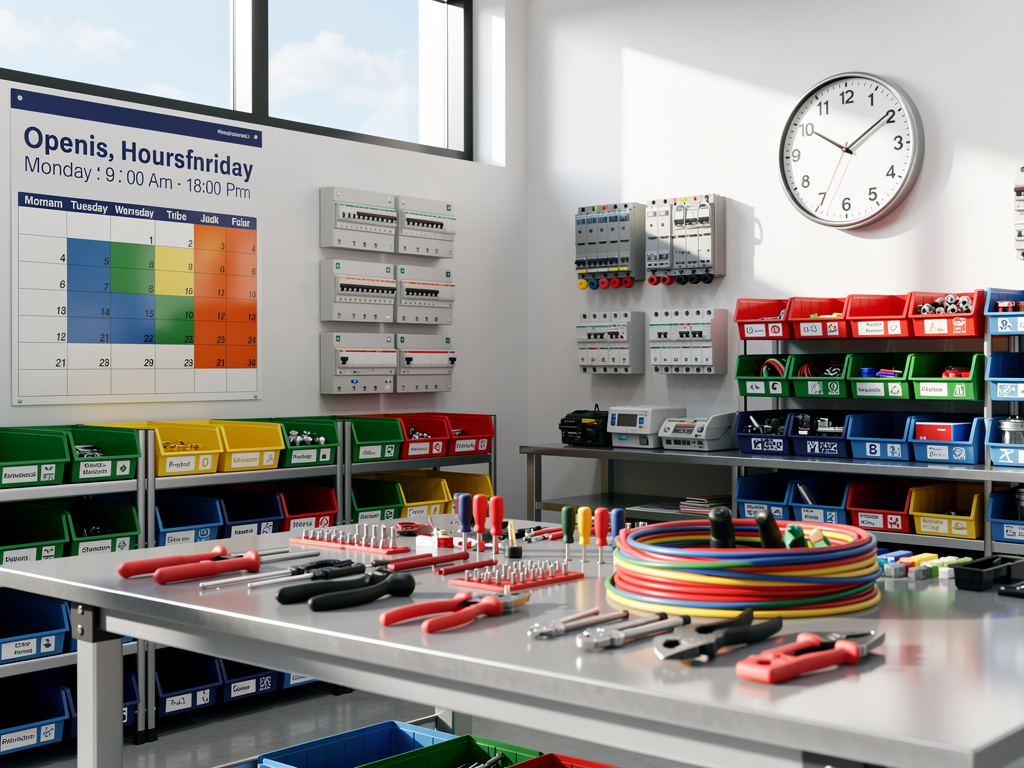 Taller de electricidad organizado con herramientas, cables de colores, paneles eléctricos y estanterías de componentes
