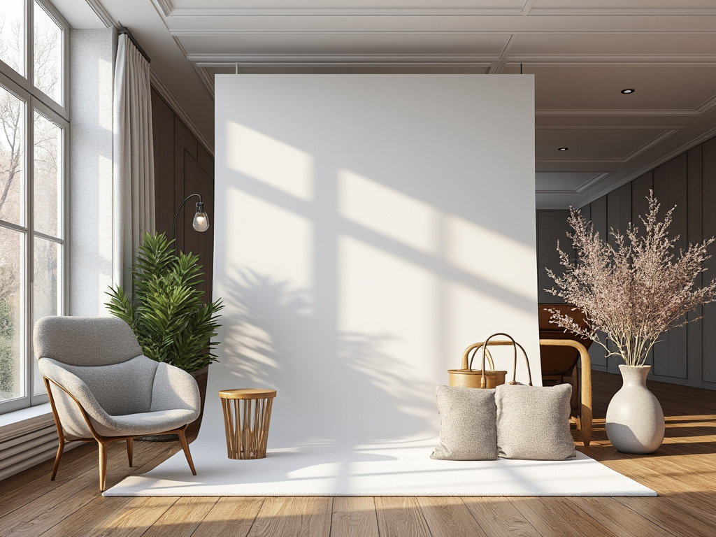 Sala minimalista con silla moderna, planta verde, cojines y jarrón con ramas secas, iluminada por luz natural.