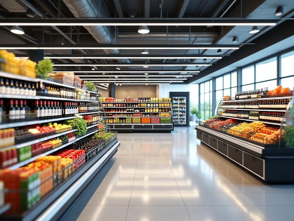 Interior de un supermercado moderno con estantes llenos de frutas, verduras y productos envasados.