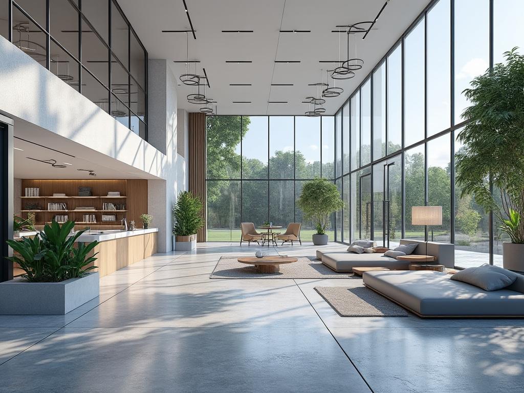 Sala moderna y luminosa con grandes ventanales, sofás minimalistas, plantas decorativas y biblioteca abierta.