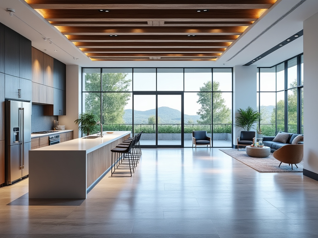 Moderna cocina y sala de estar con amplias ventanas, isla central, electrodomésticos de acero inoxidable, y vista al exterior.
