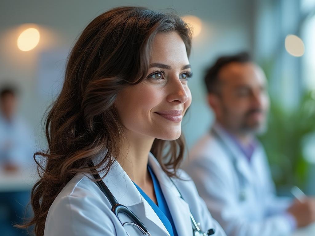 Confident female doctor in a white coat with a stethoscope smiling, blurred male colleague in the background, office setting.