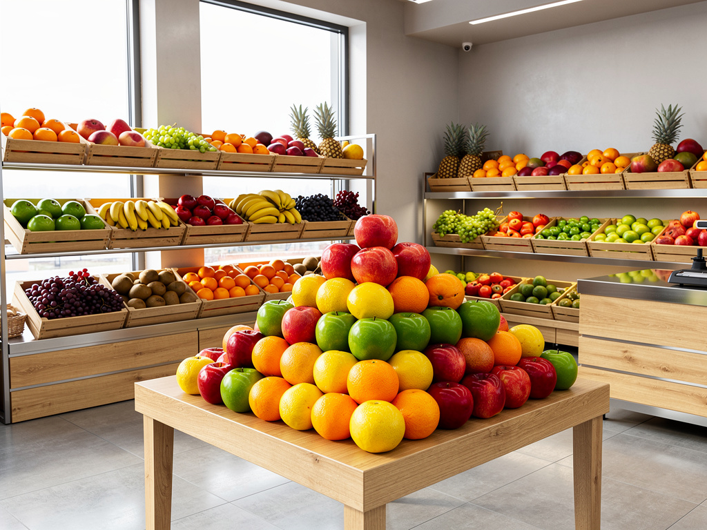 Frutería moderna con exhibidores de madera llenos de manzanas, naranjas, plátanos, uvas y piñas frescas