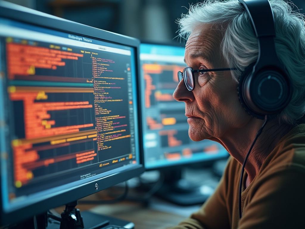 Elderly person with headphones programming on a computer, focused on colorful code display.