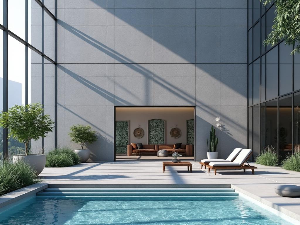 Terraza moderna con piscina, tumbonas y muebles de exterior, con arquitectura minimalista y vegetación decorativa.