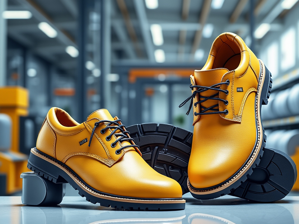Zapatos de cuero amarillos con cordones negros en un entorno industrial.