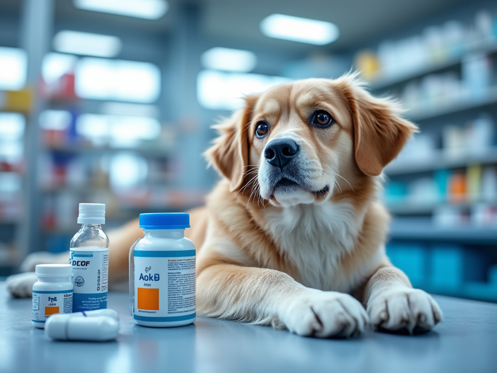 Perro en una farmacia veterinaria junto a medicamentos.