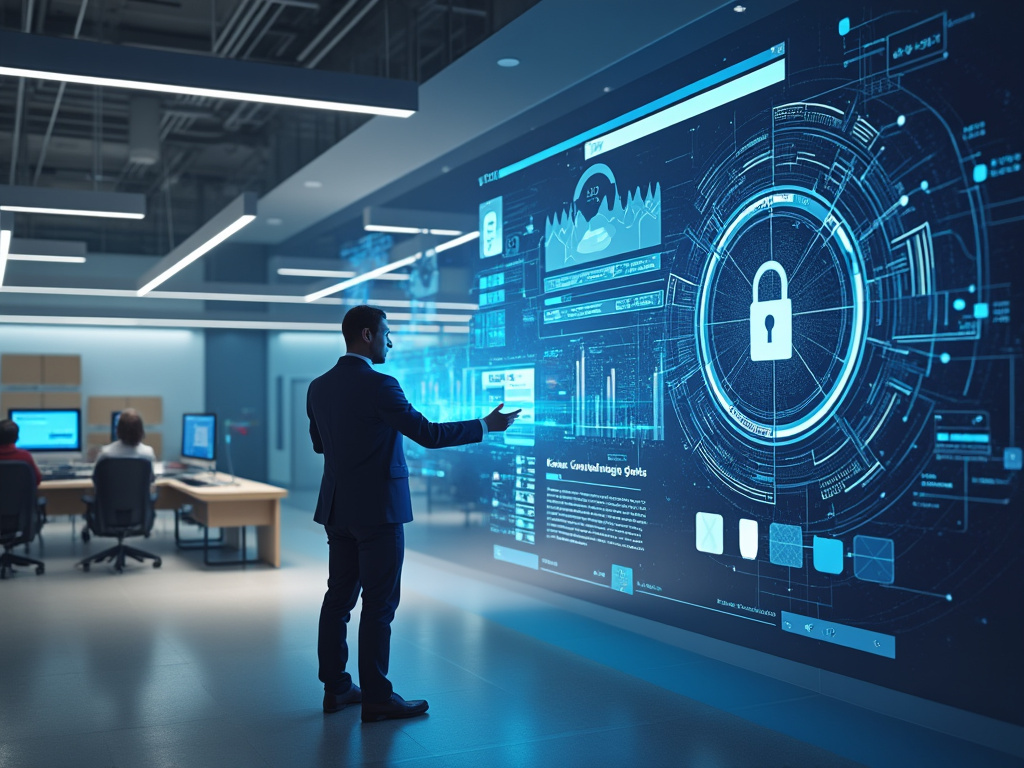 Profesional de ciberseguridad analizando un panel digital con icono de candado y gráficos de datos en oficina moderna
