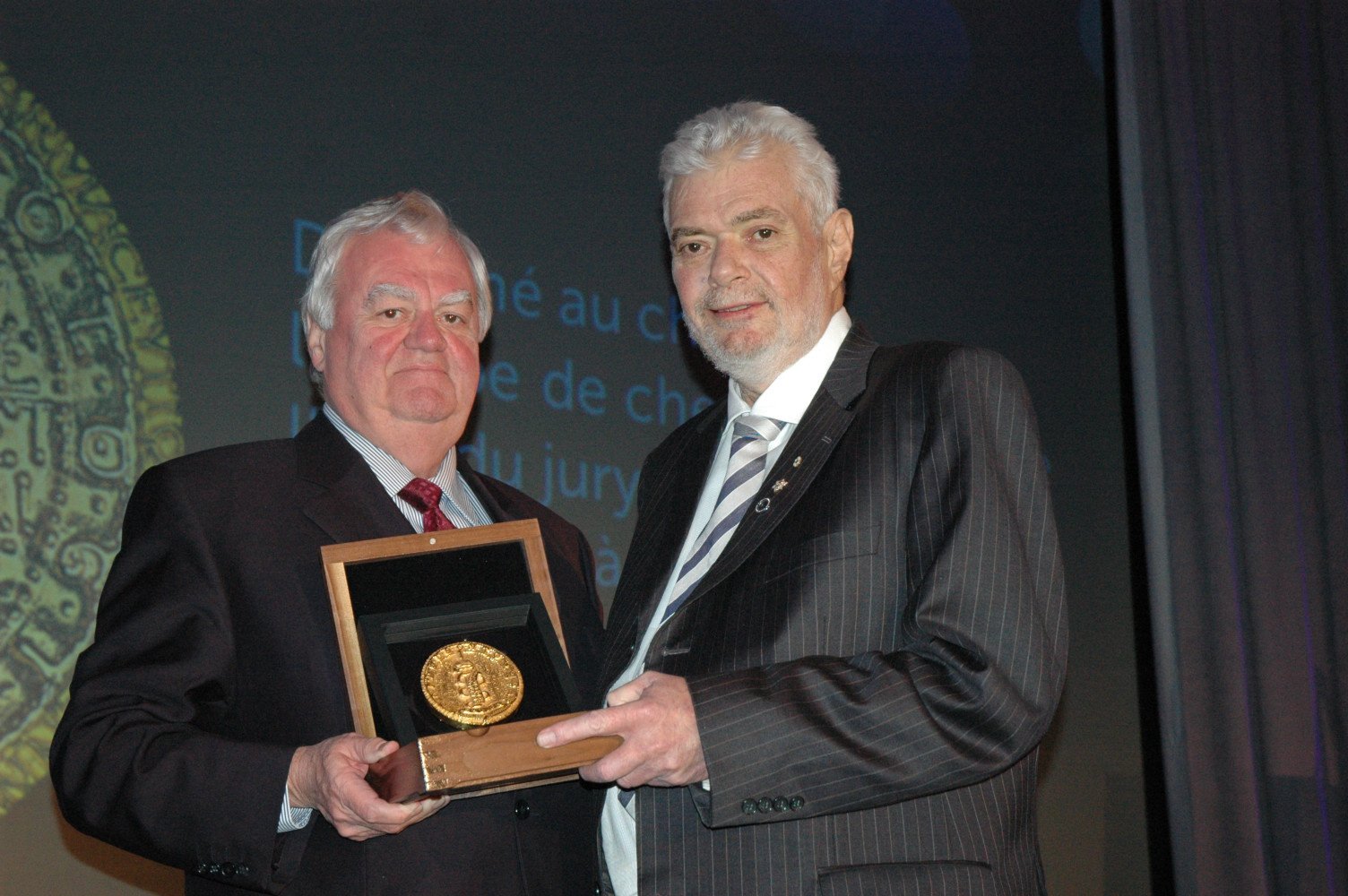 2013 - Dr. Allan Francis Plummer accepts the Prix Galien Canada 2013 - research Award
from Dr. Jacques Gagné, President of the Jury of Prix Galien Canada