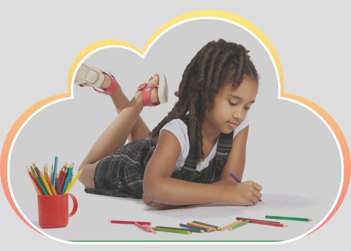 Cheerful Girl Draws Pencil Lying On The Floor