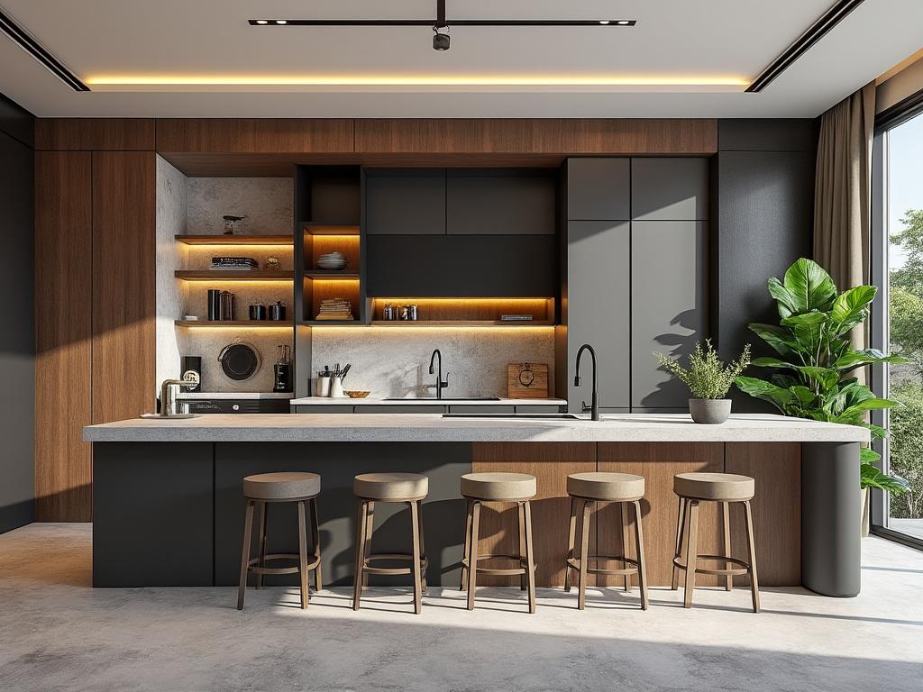 Cocina moderna con encimeras grises, estanterías iluminadas, taburetes de madera y plantas decorativas.