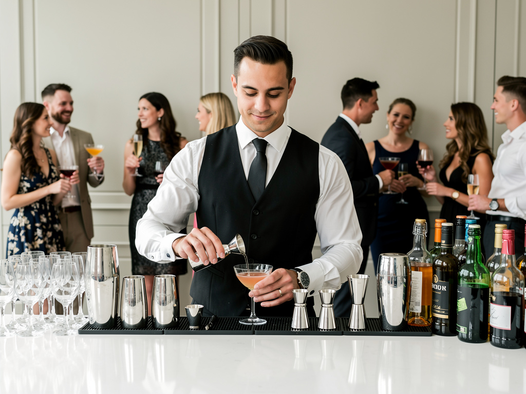 Bartender mixing cocktails at an elegant event with guests holding drinks in the background