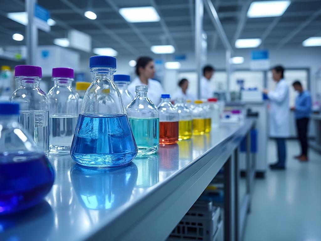 Botellas con líquidos de colores en un laboratorio con personas en el fondo.