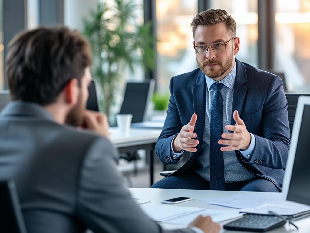 Two businessmen in suits discussing at a modern office table with a smartphone and documents.