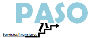 Logotipo con la palabra PASO y un gráfico de escalera con texto 'Servicios financieros' en color negro.