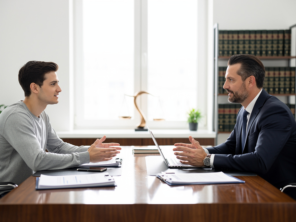 Abogado profesional asesorando a cliente durante consulta legal en oficina moderna