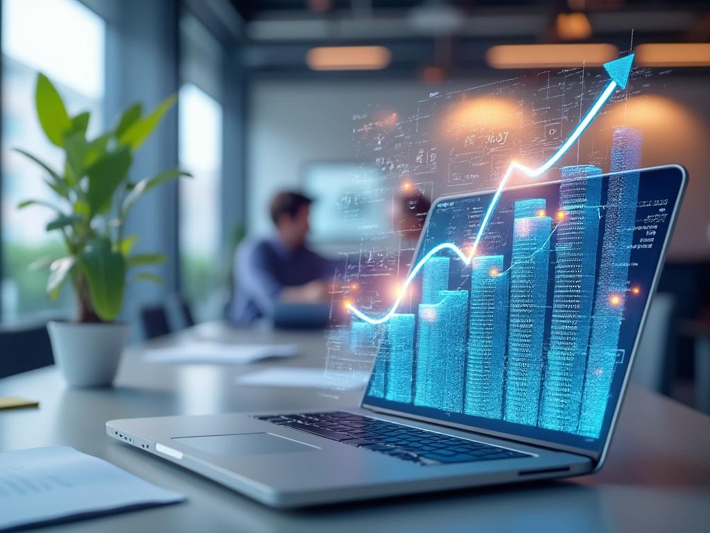Portátil en una oficina con gráficos digitales de crecimiento económico en la pantalla, planta de fondo.