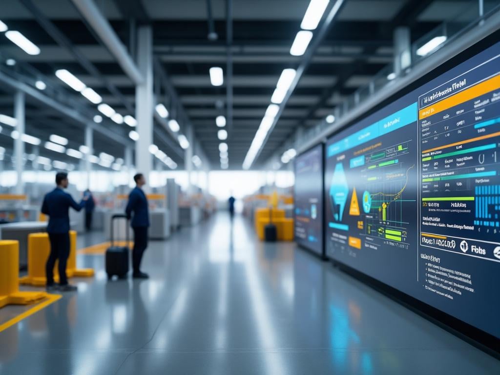 Pantalla digital con gráficos de datos en un entorno industrial moderno, dos personas interactúan en segundo plano.