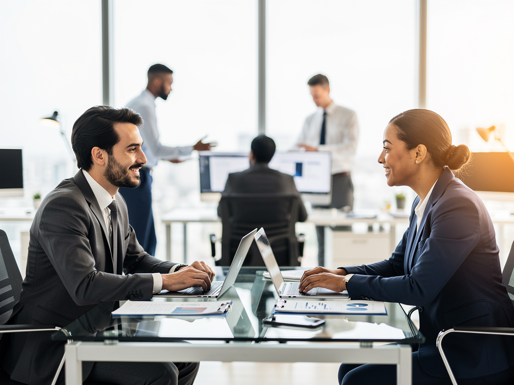 Profesionales de negocios trabajando con portátiles en una reunión de oficina moderna