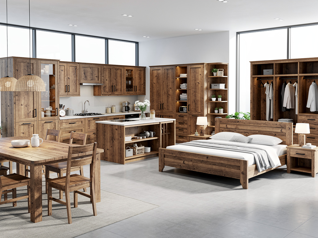 Interior moderno con muebles de madera rústica, cocina, comedor, dormitorio y armarios en espacio abierto luminoso