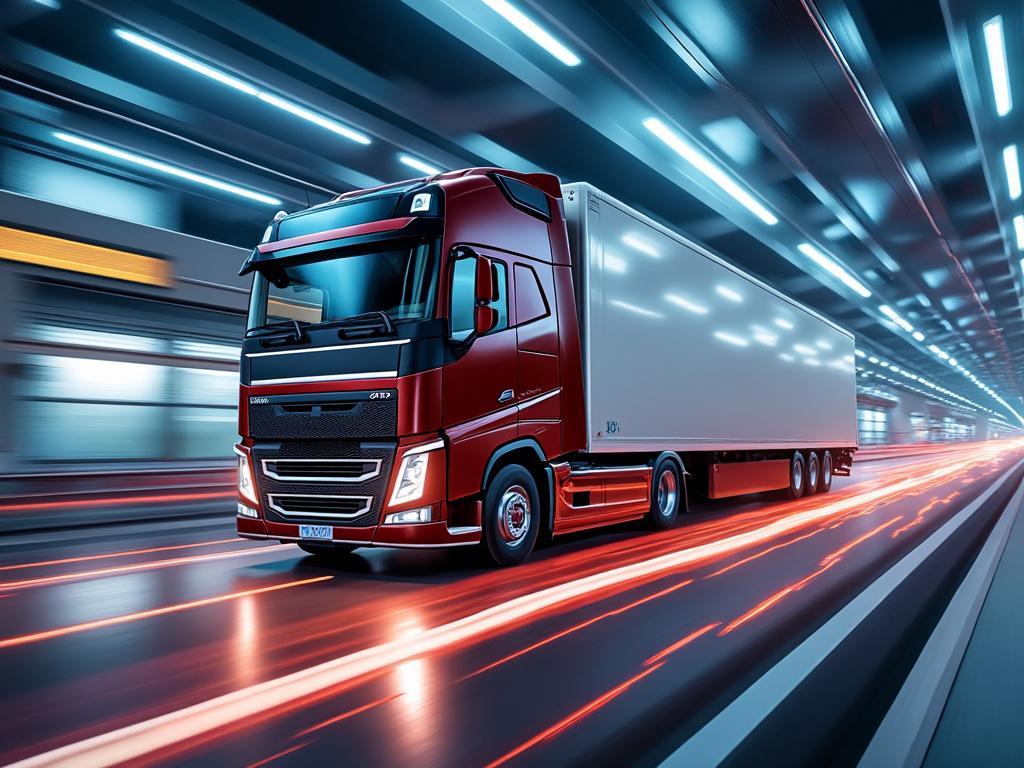 Camión rojo moderno circulando a alta velocidad por un túnel iluminado.