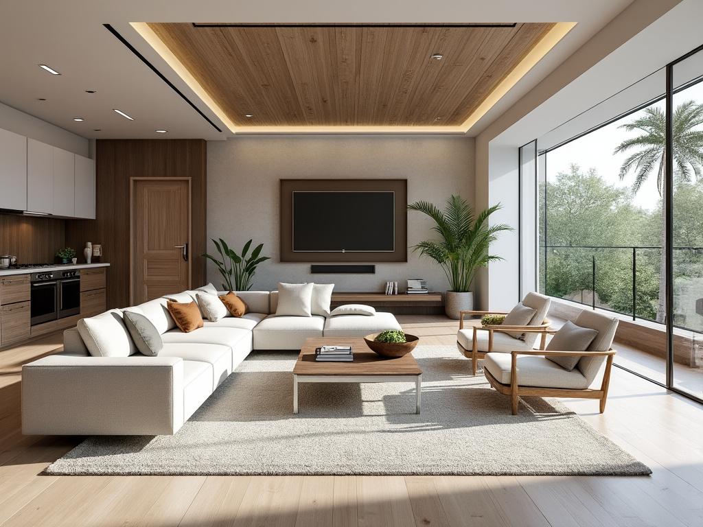 Sala de estar moderna con sofá blanco, mesa de café, plantas de interior y ventanales grandes con vista a palmeras.