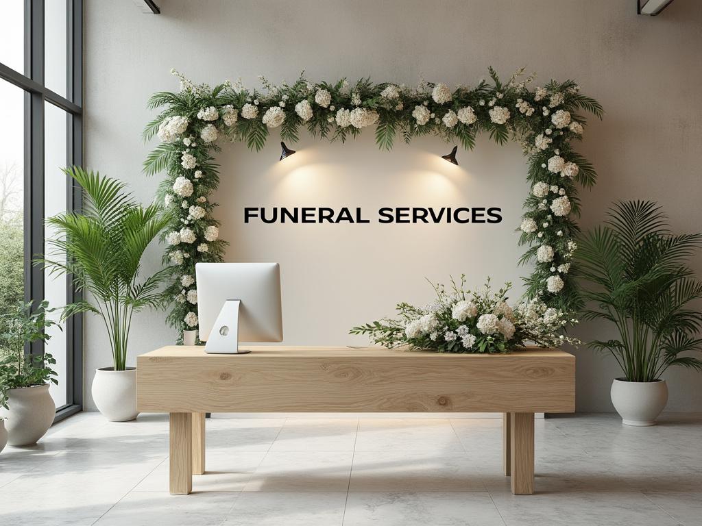 Recepción de servicios funerarios con flores blancas y plantas decorativas en un entorno moderno.