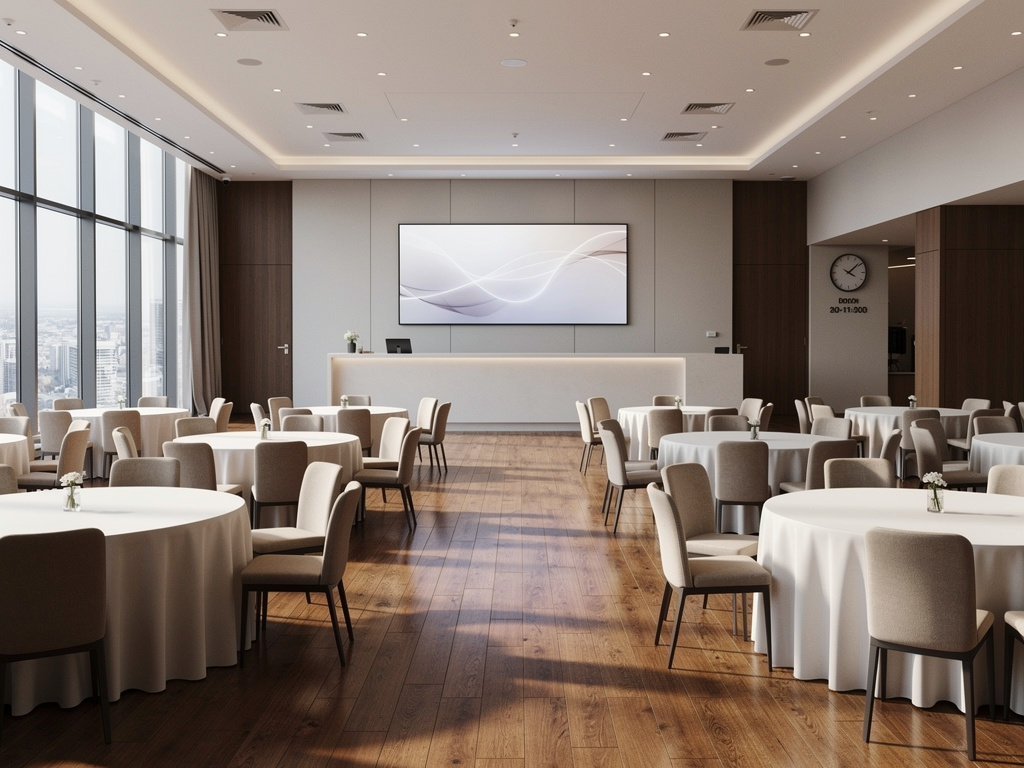 Salón de eventos moderno con mesas redondas, sillas elegantes, ventanales panorámicos y pantalla para presentaciones