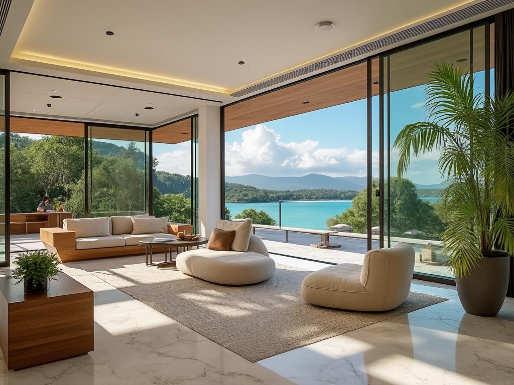 Sala moderna con grandes ventanales, vistas al mar y montaña, sofá beige y plantas decorativas.
