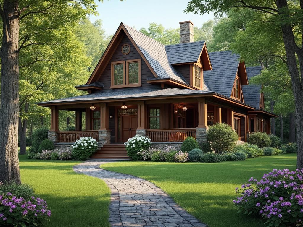 Charming rustic house with stone pathway and lush green garden