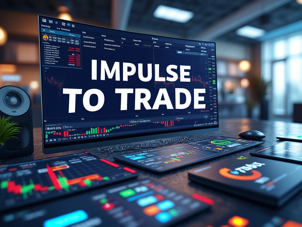 Pantalla de computadora con gráficos de trading en un escritorio, texto 'Impulse to Trade' sobre gráficos de bolsa.