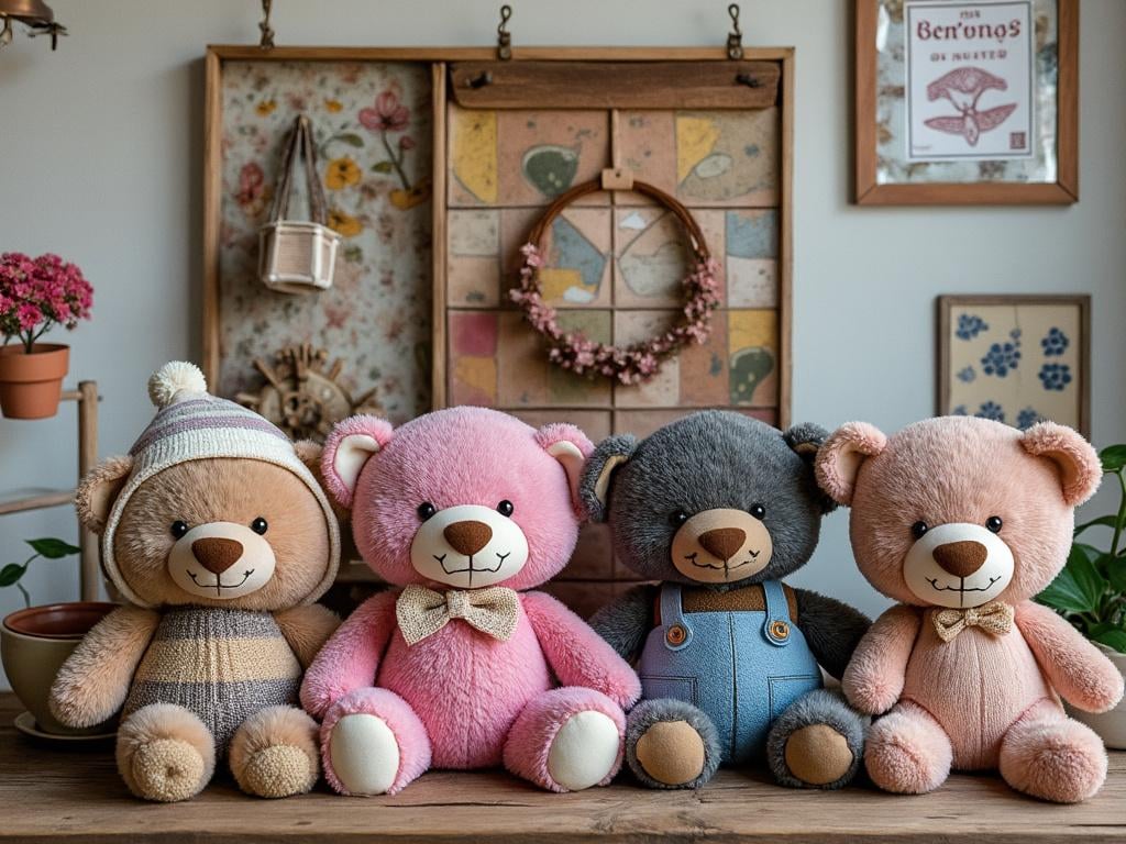 Four cute teddy bears sitting on a wooden shelf, with decorative frames and potted plants in the background.