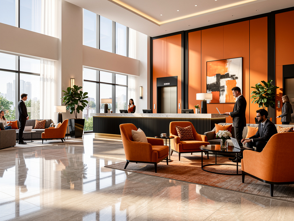 Lobby moderno de hotel con recepción, sillones naranjas, grandes ventanales y personas de negocios