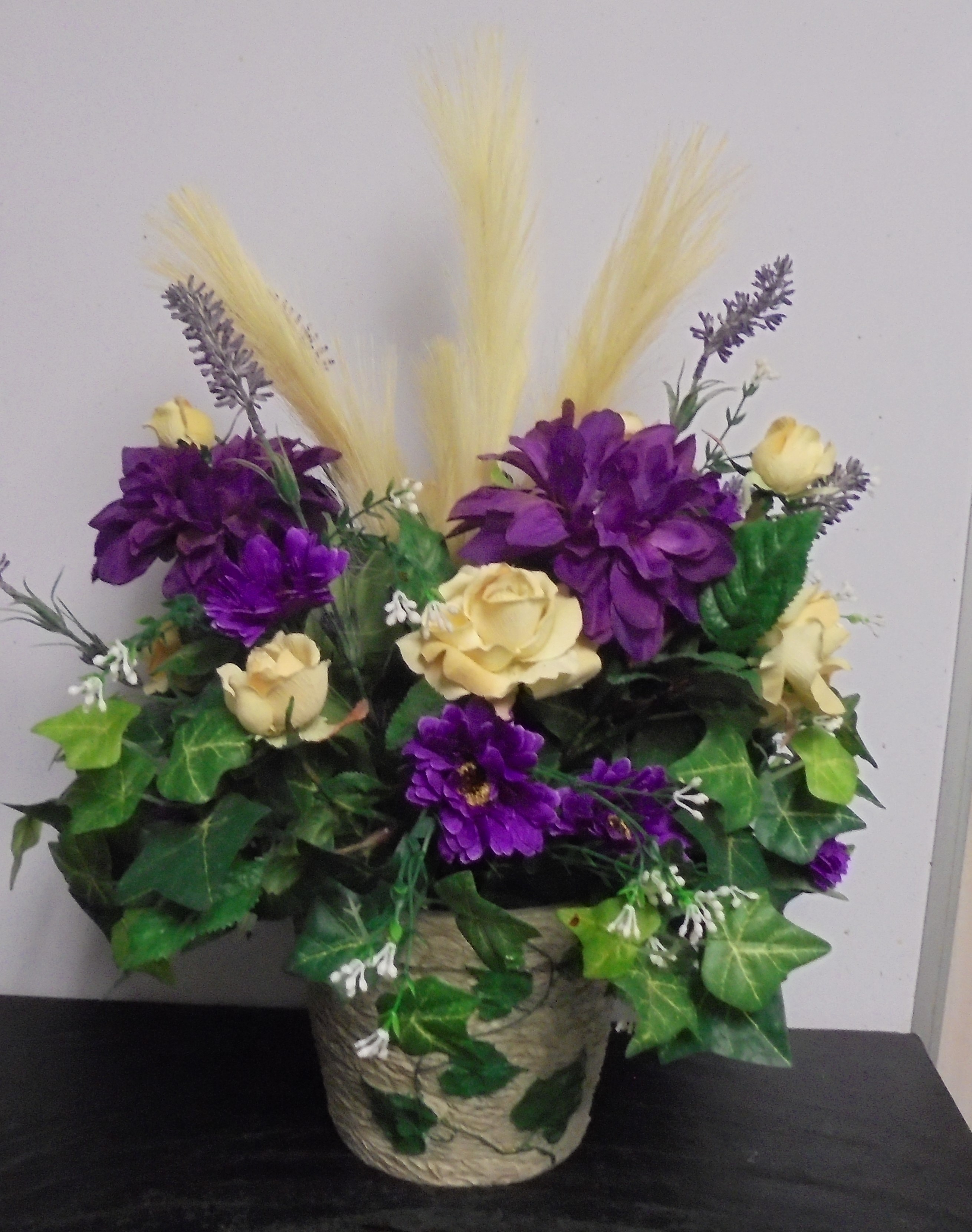 (35) "Silk" Arrangement
(Purple & Cream Mix)
$50.00