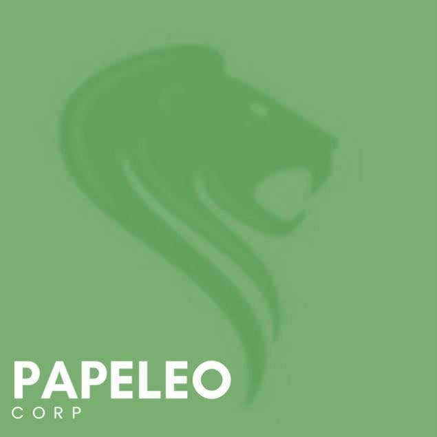 Logotipo de Papeleo Corp con diseño de león sobre fondo verde.