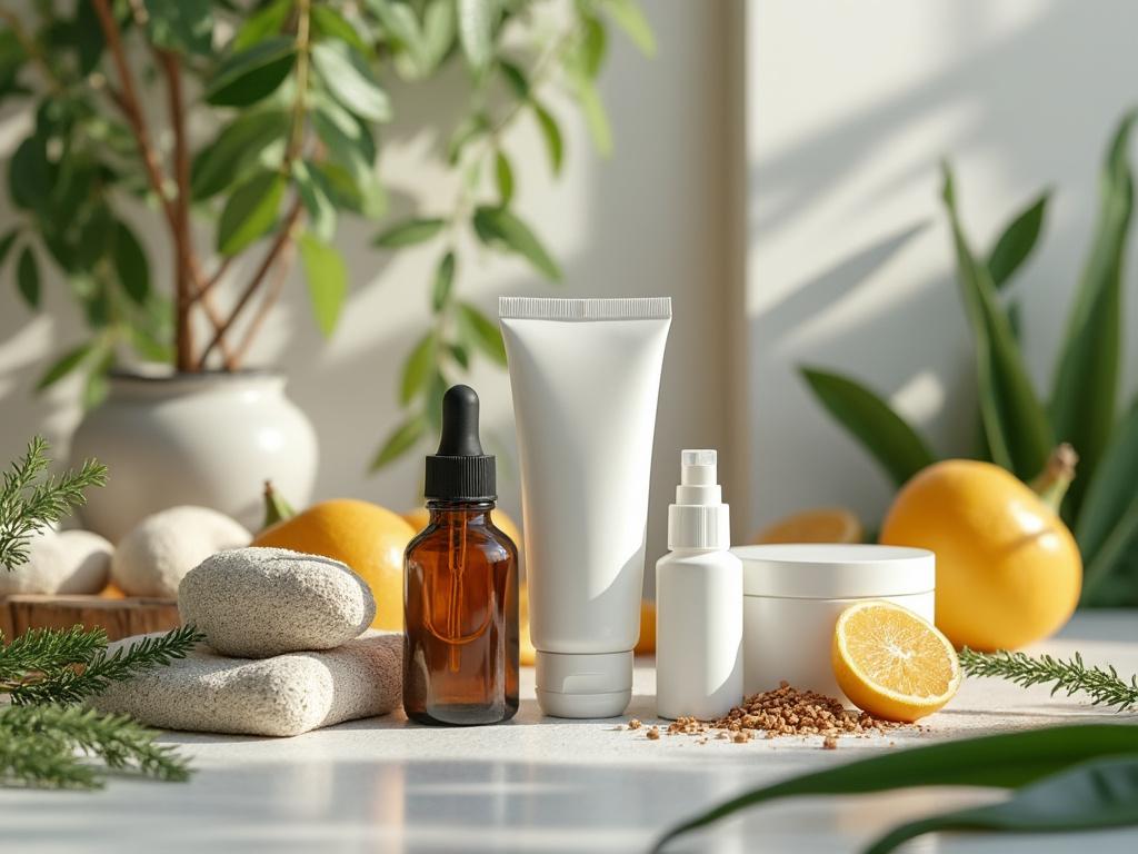 Productos de belleza naturales en frascos y envases sobre una superficie, rodeados de hojas verdes y fruta amarilla con limón partido al lado.