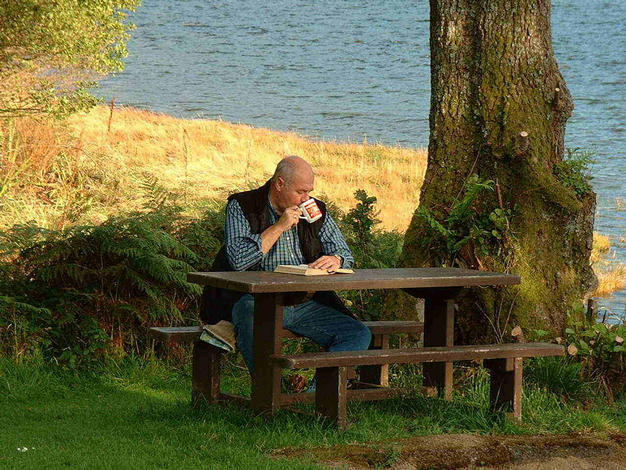 Duncan, enjoying a cup of tea at Appin Holiday Homes