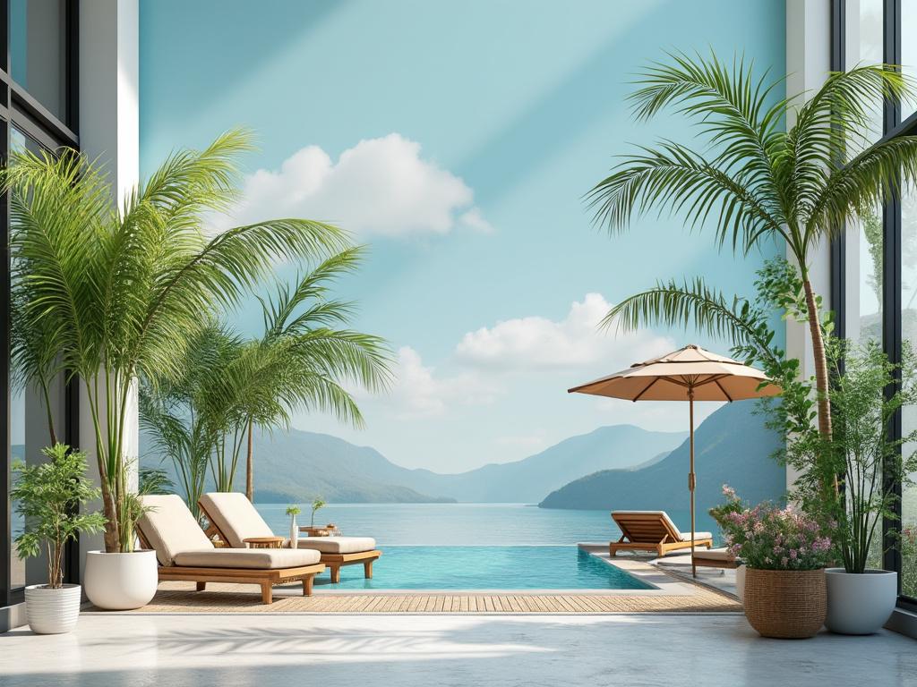 Terraza moderna con piscina infinita, sombrillas y tumbonas frente a un lago y montañas al fondo bajo un cielo despejado.