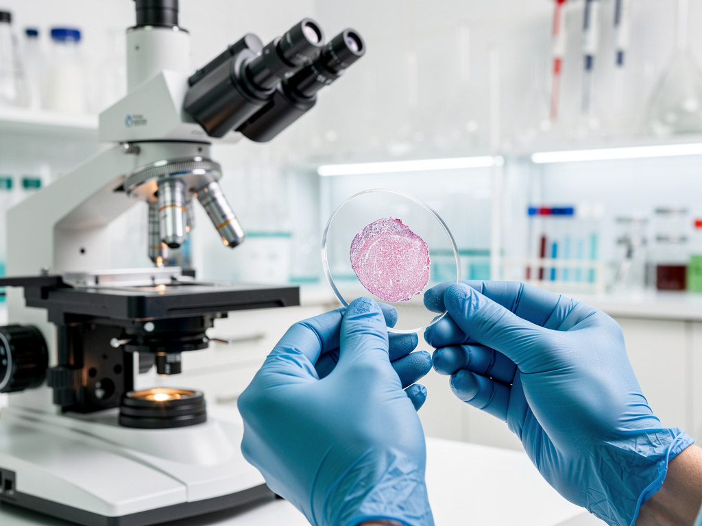 Científica con guantes examina un matraz con líquido transparente en un laboratorio