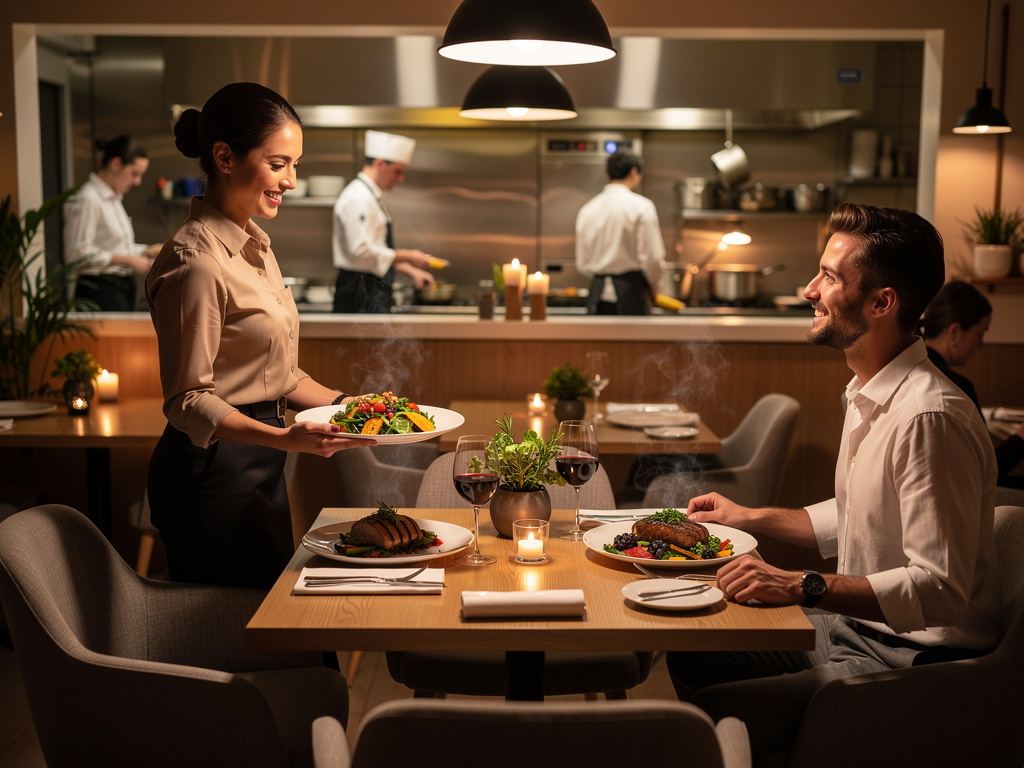 Camarera sirviendo ensalada gourmet a pareja en restaurante elegante con cocina abierta, velas y copas de vino