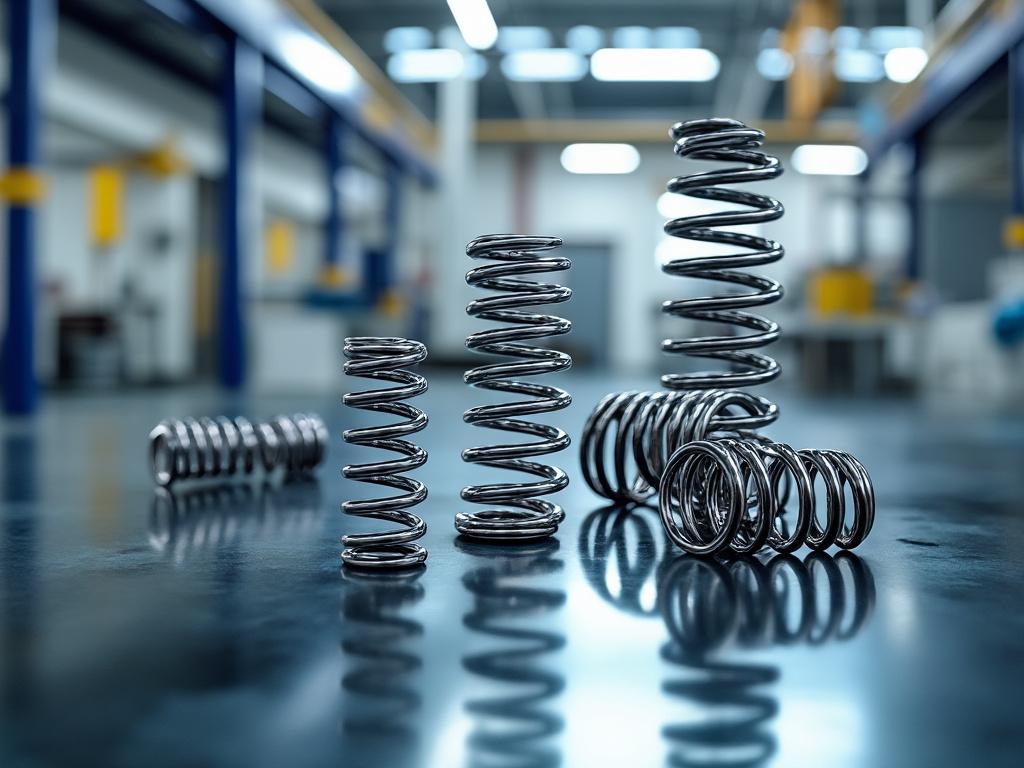 Muelles de metal de diferentes tamaños sobre una mesa en un entorno industrial moderno.