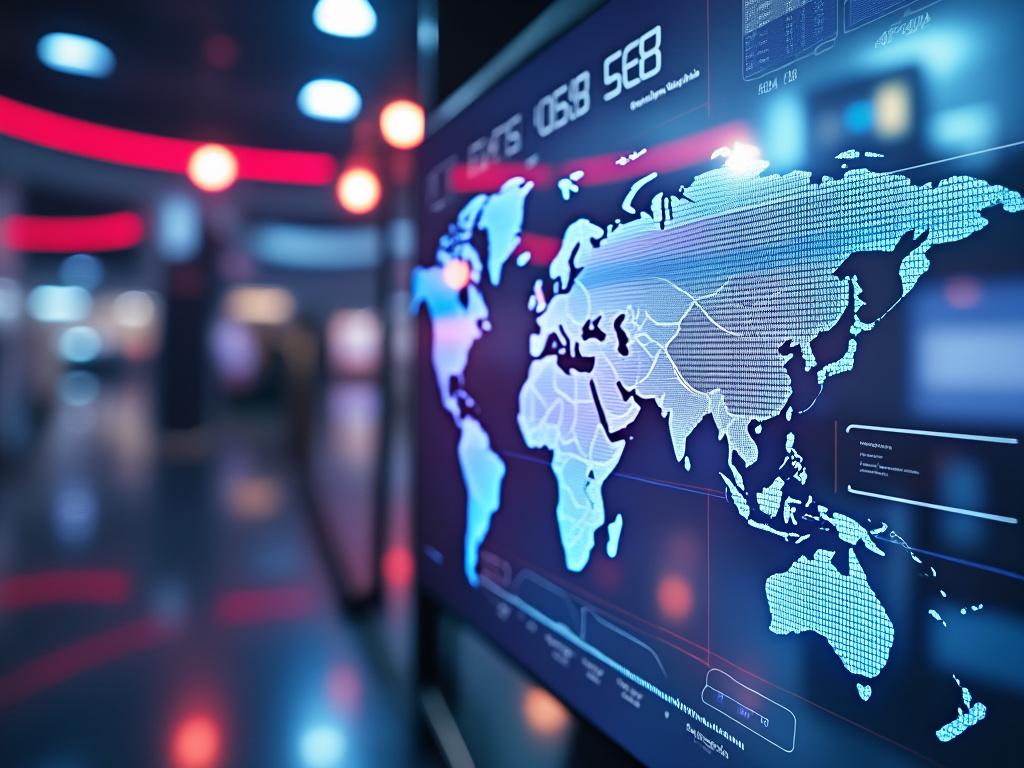 Digital world map on a futuristic screen with glowing data points, illuminated by red and blue lighting in a modern control room.
