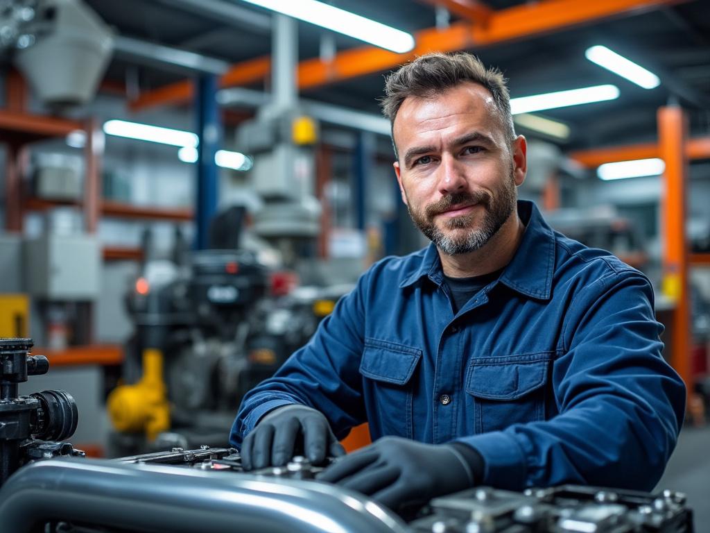 Hombre en taller mecánico vestido con mono azul trabajando en maquinaria industrial, con estanterías y equipo en el fondo.