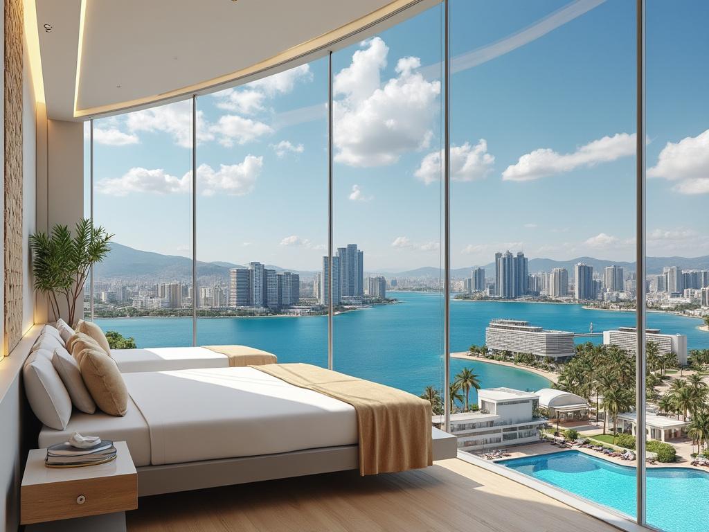 Habitación moderna con vista panorámica al mar y rascacielos.