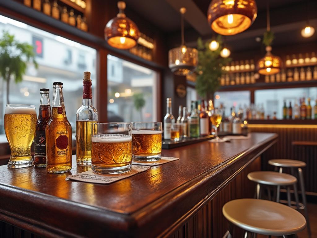Bar con botellas de cerveza y copas de whisky sobre la barra de madera, iluminación cálida y asientos en el fondo.
