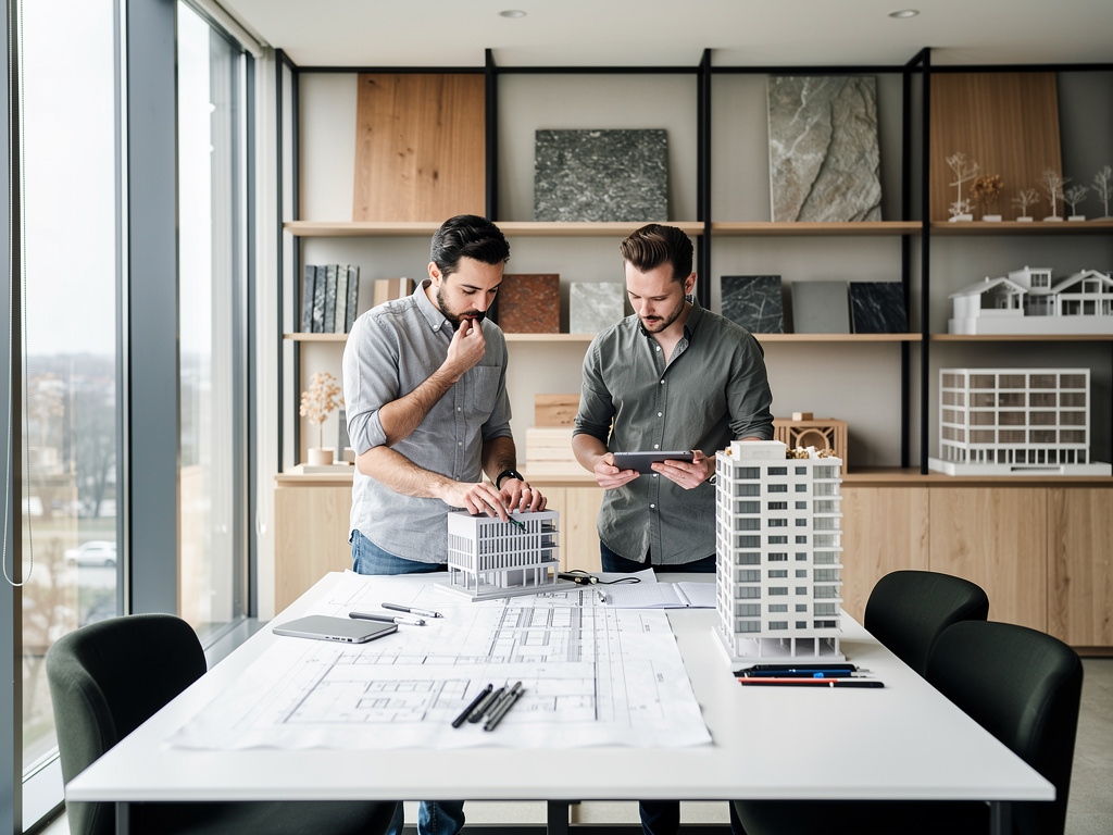 Arquitectos revisando planos y maquetas de edificios en una oficina moderna de diseño arquitectónico Arquitectos revisando planos y maquetas de edificios en una oficina moderna de diseño arquitectónico