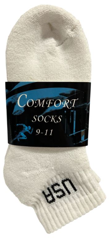 Q305 
2PK CONFORT SOCKS QUARTER WHITE USA 9-11
UPC 6133679538216
Q405
2PK COMFORT SOCKS QUARTER WHITE USA  10-13
UPC 812462030316
120 CS PACK