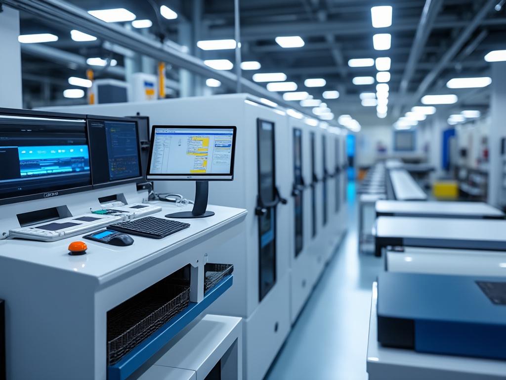 Sala de control automatizada con monitores y equipos industriales en fábrica moderna.